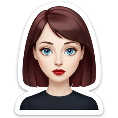 Artistic woman in her 40s with pale skin, oval face, large expressive blue eyes with eyeliner, thin arched eyebrows, small nose, full lips with red lipstick, dark auburn hair that's straight with slight waves at ends, straight bangs, wearing a black top, warm creative expression sticker
