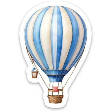 "A dreamy hot air balloon with blue and white stripes, floating among soft clouds, watercolor aesthetic." sticker