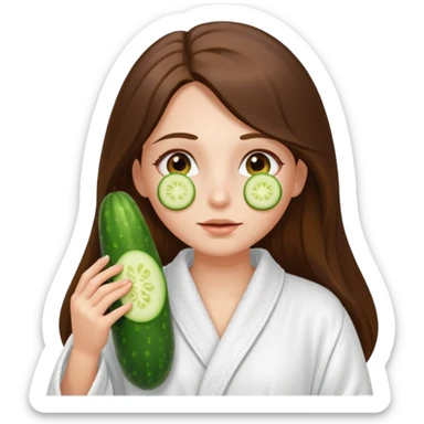 white long brunette hair girl with hazel eyes in a bathrobe with cucumbers on her eyes sticker
