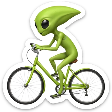 green alien riding a bicycle, big black eyes, thin body, casual cycling pose, playful sci-fi vibe, 3D cartoon, mobile game icon style, clean background, no text, no watermark
 sticker