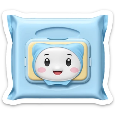 soft pastel blue rectangular pack of baby wipes, slightly puffed, semi-open plastic lid, one white wipe pulled out, no branding or extra design, soft lighting, subtle shadows, emoji scale sticker