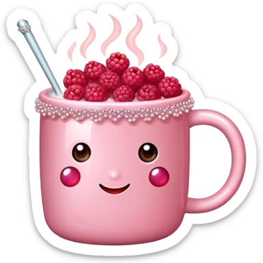 soft pink mug filled with steaming hot raspberry tea, decorated with blush pink pearl and sparkly embellishments (aesthetic, cute) sticker