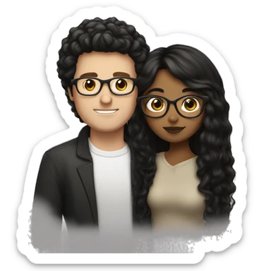 White guy with fluffy black hair kissing Mexican light brown girl with black straight hair and white glasses sticker