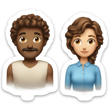 Couple qui se fait un câlin La femme est brune, cheveux lissés Les yeux marrons et l’homme a les cheveux châtains bouclés et les yeux bleus sticker