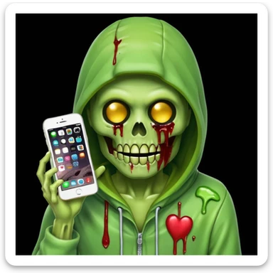Grande faucheuse façon emoji iPhone, visage sombre mi-zombie mi-squelette, slime vert, billets de 100$ intégrés dans la capuche ou autour, tient une faux, fond blanc, effrayant, sans animal ni humain, composition centrée pour photo de profil sticker