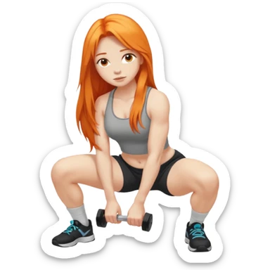 Pale girl with long orange hair squatting weight  from side sticker