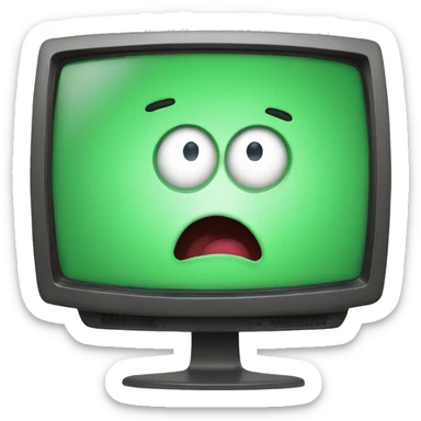 A green tv with a white screen and a shocked face on the screen sticker