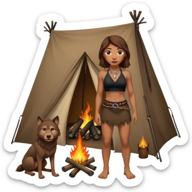 a NEANDERTHAL WOMAN WITH BROWN HAIR STANDING BY A FIRE AND TENT WITH BLACK WOLF HALTER TOP AND COMPUTER' sticker