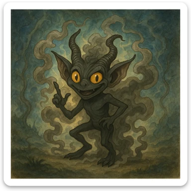 Add a smoky, magical background behind Igor the mephit, keeping the fantasy vibe. Maintain the fantasy style and atmosphere in the background to complement the character. sticker