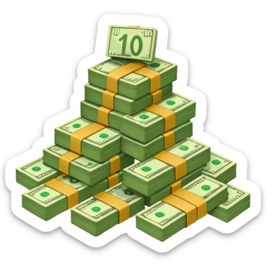 cash pile, make bills rectangular, next to a "10x" factor sticker