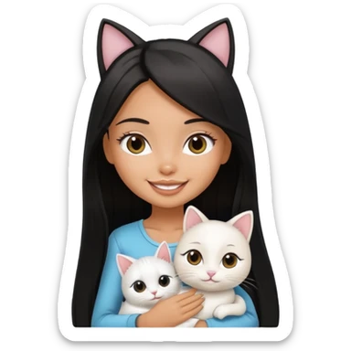 a pretty tan bratz girl with black long straight hair smiling and holding a white cat\ sticker
