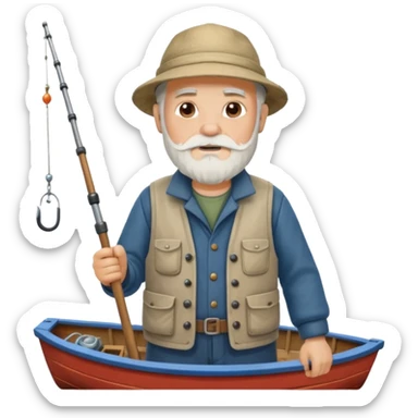 an old white haired, bearded man in fisherman attire, stood in a boat at sea, holding a fishing rod and catching fish with it. sticker