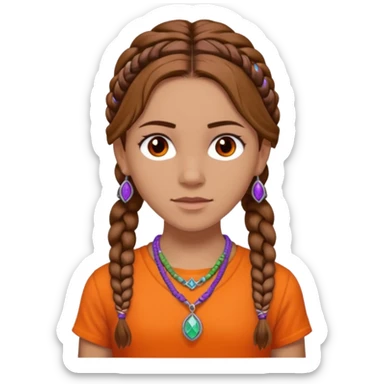 Black Annabeth Chase her head full of braids all over brow hair and a orange shirt that says CHB and with a purple orange green and blue and white beaded necklace sticker