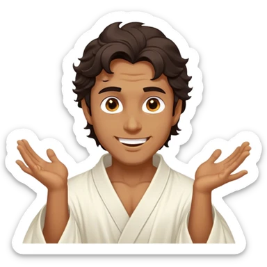 Cinematic Realistic Hercules Portrait, head tilted dramatically with an exaggeratedly amused expression, featuring expressive eyes and a hint of a roguish smile. His bronze, marble-like skin and thick, wavy dark hair, rendered with classical artistry, complement his flowing white robe adorned with delicate golden accents, all brought to life with dynamic natural lighting that captures a rare, playful moment from an enduring legend. sticker