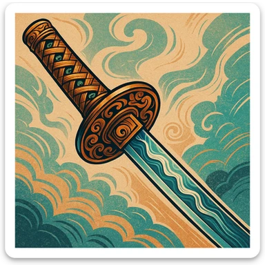 Japanese katana, stylized, with ornate handle and blade sticker