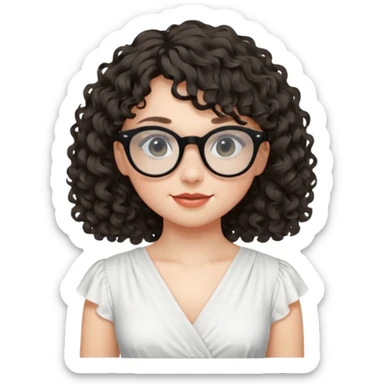 create a frontend girl that has a round face curly hair with a side curtain bangs and wears black rayban glasses doesnt smile with her teeth and white sticker