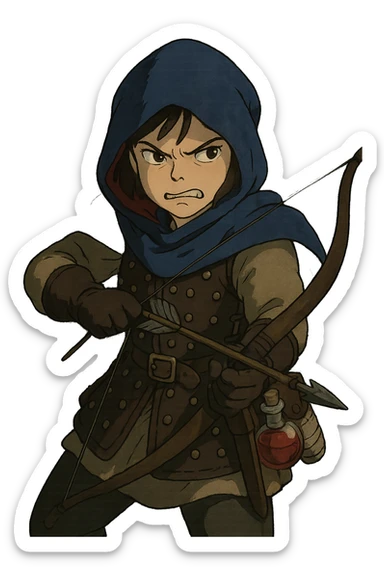 A female rouge , colored hood, wearing brigandine armor with, bow and arrow at the ready, night time shadows, tool belt with red potion and bandages, mischievous frown,  anger sticker