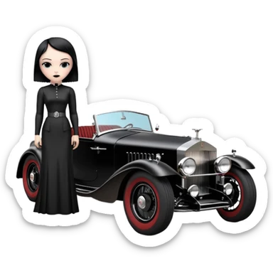 Wednesday Adam’s Blood stained Satanic Darth Vader black Bare bones (channeled cowl) drag racing and speed record modified (fenders removed) chopped streamlined sporty roadster that is a (stripped down) hot street rodded engine sports car 1932 Rolls Royce Woody futuristic  wide racing wheels sticker