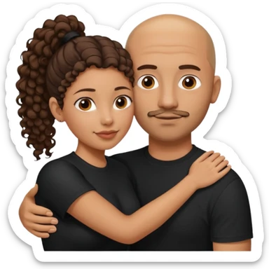 A picture of a tanned couple embracing. the man is a Mexican man with tanned skin, a bald hair cut, short beard and wearing a black shirt. the woman is mixed, with curly brown hair in a pony tail and with big boobs  sticker