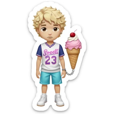 A young boy with Sharp fade, clean shape-up, curly or twisted top, sometimes dyed or with shaved design blonde hair  whop wears a baseball jersey, colorful Ice Cream shorts with cartoon prints, white Air Forces, a crossbody bag, and a chain. Has a fade or durag, serious face, and London street vibes sticker