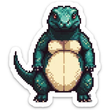 A pixelated fat komodo dragon with a big round belly, mid-hiccup with its body slightly jumping sticker