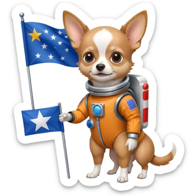 a chihuahua dog in space suit, holding blue rectangle flag, full body, front view sticker