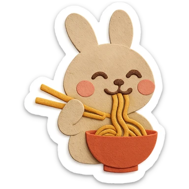 beige bunny happily slurping noodles, chopsticks visible and accurate, paper-craft style sticker