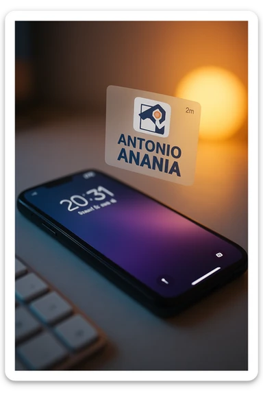 A photo of an iPhone with the message "Antonio Anania" on its screen, both surrounded by soft light and shadow. The phone sits atop a desk with a blurred background that suggests work environment. A faint glow from above casts gentle shadows across the surface of each object, creating depth and highlighting their textures. sticker