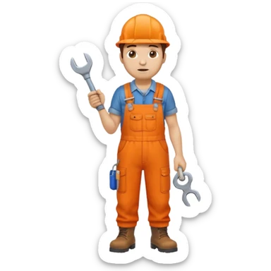 railway engineer, looking tired in full orange overalls, boots, holding a spanner emoji sticker
