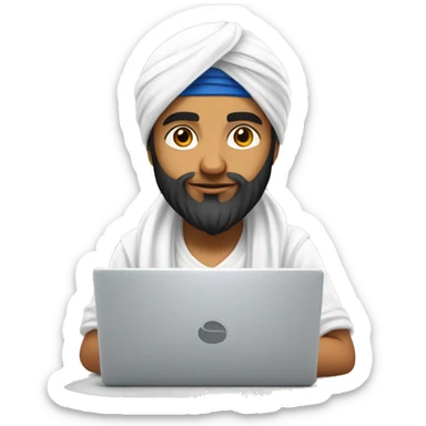 a young sikh boy oimg coding on laptop, Make him wear a Punjabi turban of white color, MAKE the turban very cute , and a little pointy , And Make the bouy cute sticker