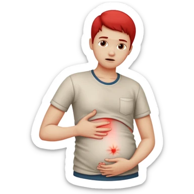 A person wearing casual clothes, holding their stomach with one hand, showing visible discomfort. A red glow appears over the abdominal area to indicate pain. Realistic medical illustration style, clean white background, focus on body language expressing stomach ache or cramps. sticker