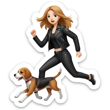 A beautiful tall girl with fair skin and long hair wearing a black leather jacket and black pants running wildly with Beagle sticker