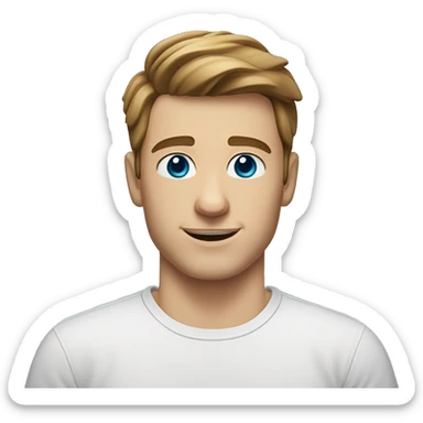 A head and shoulders shot of a 24 year old caucasian man, with short brown hair, with none facial hair,   with blue eyes wearing a t-shirt. sticker