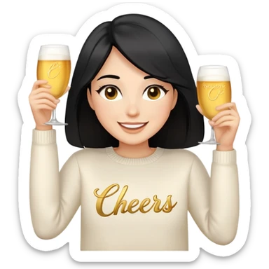 A woman with longer black hair, light to medium skin tone, full cheeks, and almond-shaped eyes, wearing a simple white sweater with the word 'cheers' in gold script, joyful and radiant expression, cheerful, emoji style, just her torso. sticker