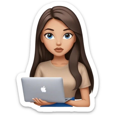 Glamours tanned very beautiful girl with big pump peach lips and dark chocolate straight smooth long hair, blue-grey eyes in brown/beige short sleeves clothing with MacBook sticker