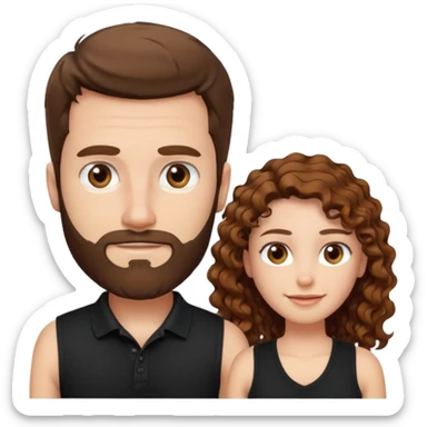 Criar Casal - Homem branco de cabelo liso e olhos marrom, com barba, expressão séria usando camiseta polo preta e mulher de pele branca cabelo cacheado marrom longo e olhos mel, usando uma regata fina branca, quero ela sorrindo sticker