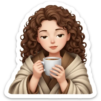 White girl with curly brunette hair wrapped in a cozy blanket sipping coffee with eyes closed peacefully sticker