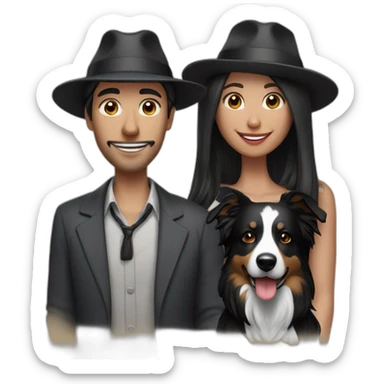 group of 3 consisting of man in hat and woman with black ponytail long hair and small black border collie dog sticker