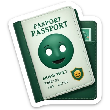 white passport with dark green details and dark green airline tickets sticking out, no faces or emojis, emoji style sticker
