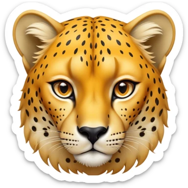 Cinematic Noble Cheetah Portrait Emoji, Poised and regal, with a lean, muscular build and a sleek, spotted Fur of golden hues, deep-set soulful amber eyes, Simplified yet sharp and sophisticated features, highly detailed, glowing with a warm, dignified glow, high shine, intelligent and swift, stylized with an air of wild elegance, focused and attentive, soft glowing outline, capturing the essence of a watchful and confident predator, so majestic it feels as though it could sprint out of the screen with effortless authority! sticker