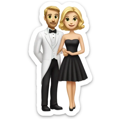 Caucasian couple in tuxedo and pink gown dramatically posing together  sticker