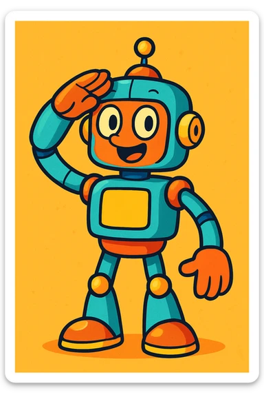 a robot giving a salute, fun cartoon style, vibrant colors, playful expression sticker