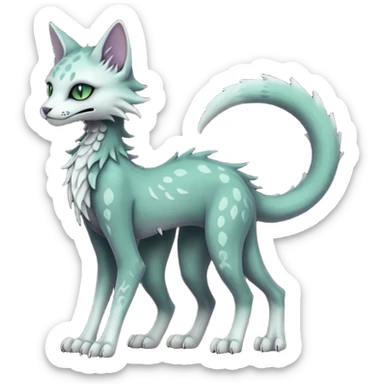 Kawaii divine du dark pastel whitish blackish swampy white-skeletal gloomy ghostly dark greyish dark-deep-greenish foggy eldritch elegant cute beautiful realistic edgy fantasy ghoul-like stitched feline-vernid-sergal-fursona animal creature with a tufted tail full body with intricate markings  sticker