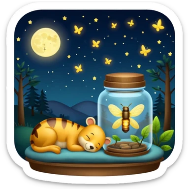 firefly jar used as night lamp beside sleeping critter sticker