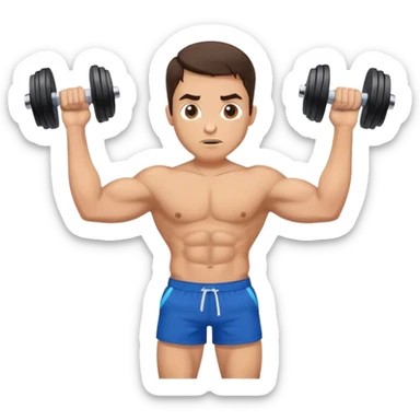 brunette buff man with blue shorts holding dumbbells and shrugging sticker