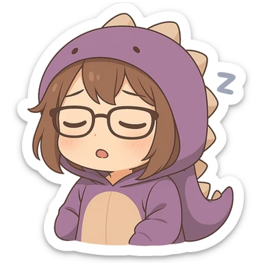 Chibi anime style gamer girl with glasses, brown hair, dark purple eyes, wearing a purple dinosaur costume, making a sleepy emote, no controller, same style as reference, no background. sticker