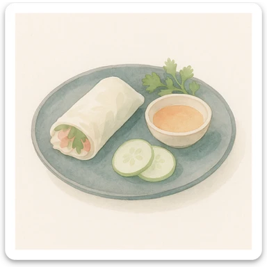 soft watercolor illustration in a minimalist, modern style, elegantly plated Vietnamese traditional dish on a dark ceramic plate, ambient restaurant lighting, pastel colors, delicate linework, gentle whimsical mood, minimal soft shading sticker