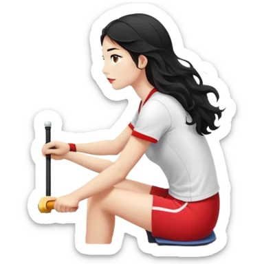 girl with long black wavy hair, white skin, wearing red shorts and white short-sleeve t-shirt, sitting in a long and thin racing boat suitable for Olympic rowing, rowing, boat and girl facing right in profile sticker