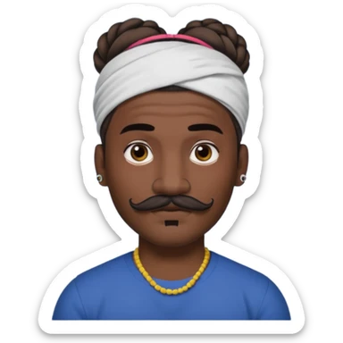 single bun hair man and mustache and face tattoos very heavy and headband sticker