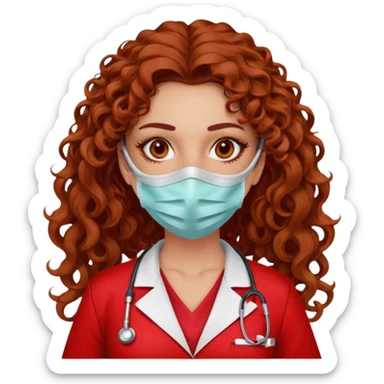 Sensual Spanish Lilith core evil surgeon.red outfit.  Surgeon has hazel eyes. Her hair is BROWN. Hair is also  long and  curly. wearing a sexy surgeon outfit with platform  heels.she is a calculated killer. She covers only her mouth and nose with mask to hide identity sticker